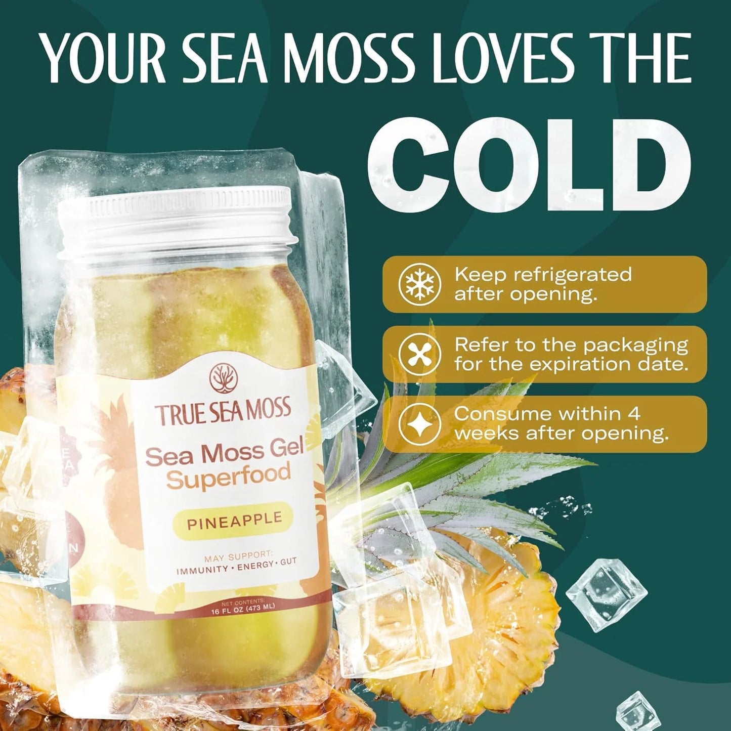 Wildcrafted Irish Sea Moss Gel Superfood - Pineapple, Pack of 3 Organic Seamoss - Made in USA