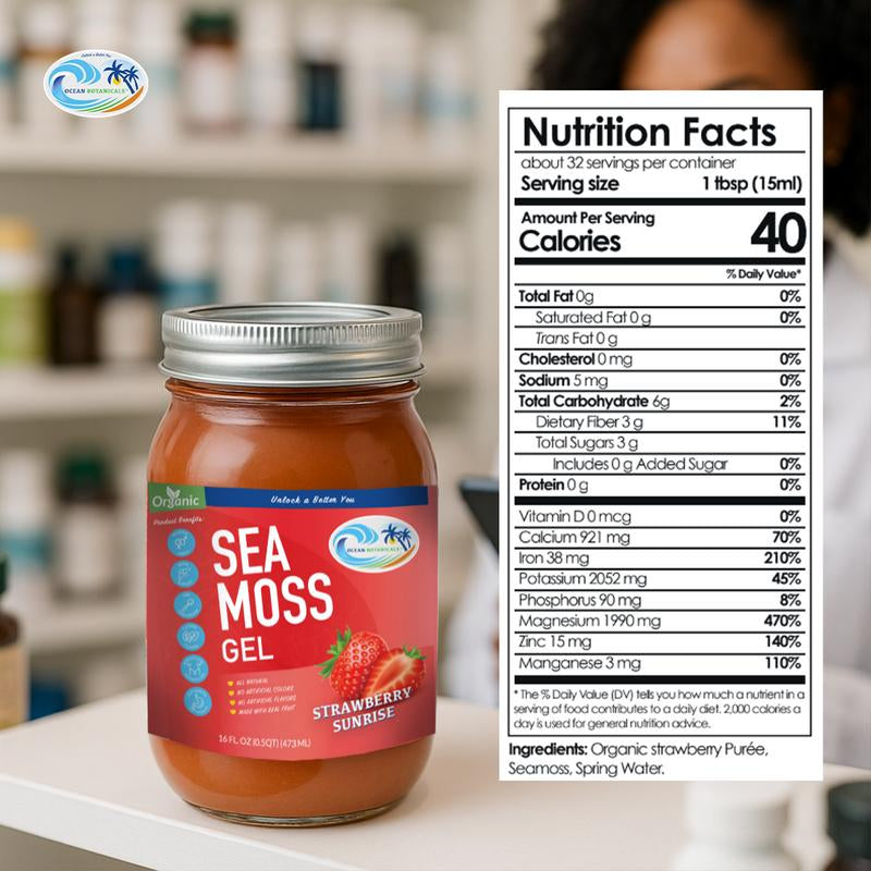 Ocean Botanicals Strawberry Sea Moss Gel - Sweet Strawberry Blend with Essential Minerals for Energy & Gut Health - 34 FL OZ - Healthcare