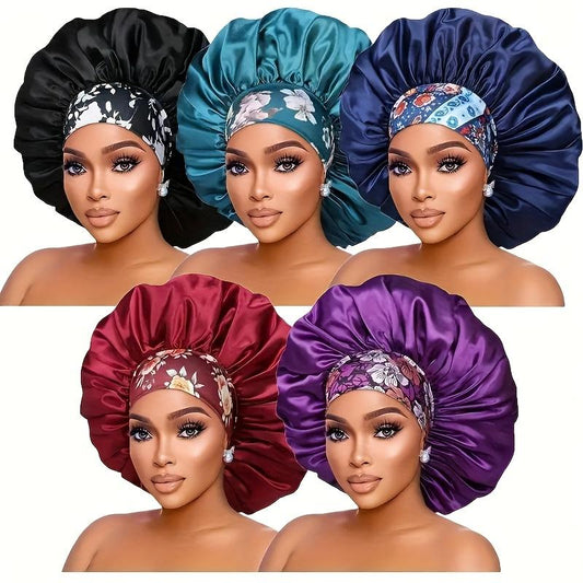 5Pcs Satin Sleep Caps for Women - High-Density Hair Bonnets with Breathable Design, Stretchy Wide Band, Soft Fabric, Ideal for Overnight Curls Preservation, All-Season Shower Caps, Comfortable for Chemotherapy Patients, Assorted Colors (Black, Teal Blue,