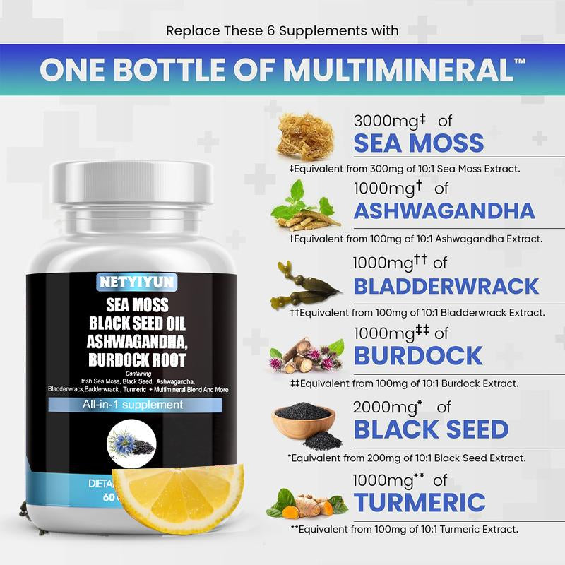 Ashwagandha & Vitamin D Capsules,Multimineral Sea Moss Black Seed Oil Supplement,Vegan, Plant Based, Non-Gmo, Gluten-Free & Gelatin Free.60 CAPSULES.