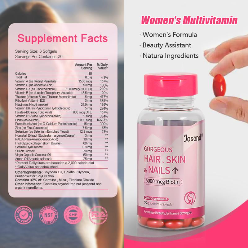 JOSEND Biotin Capsules for Women | Clinically Proven — Thicker Hair & Reduce Wrinkles & Fine Lines | with Vitamins A, C, D3, E & B Complex | 90 Ct