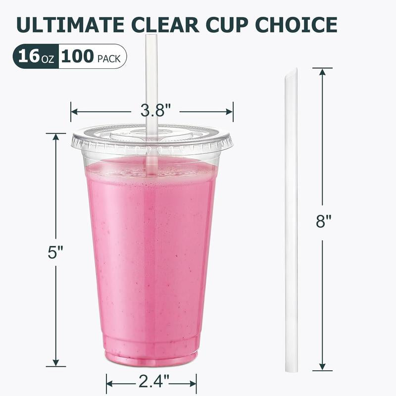 [100 Sets] 16 Oz Clear Plastic Cups with Lids and Straws, Disposable Cups with Lids for Iced Coffee, Smoothie, Milkshake and Cold Drinks