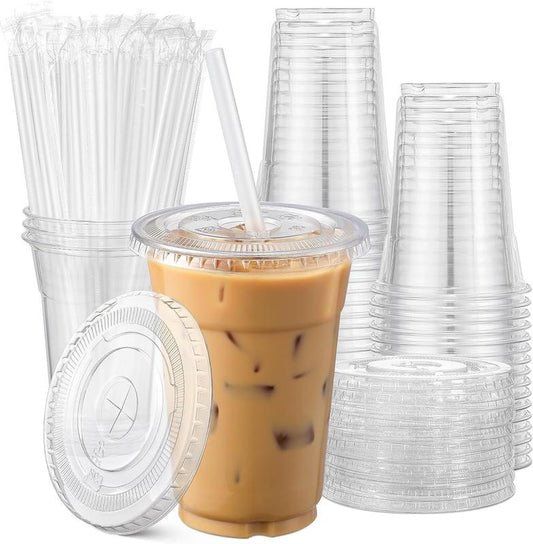 [100 Sets] 16 Oz Clear Plastic Cups with Lids and Straws, Disposable Cups with Lids for Iced Coffee, Smoothie, Milkshake and Cold Drinks
