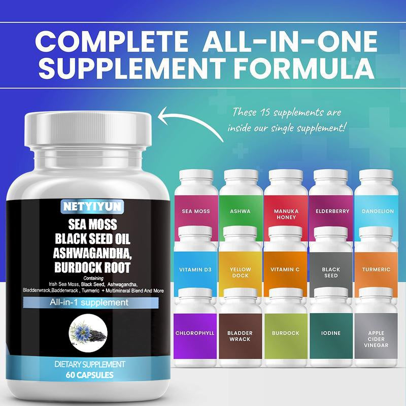 Ashwagandha & Vitamin D Capsules,Multimineral Sea Moss Black Seed Oil Supplement,Vegan, Plant Based, Non-Gmo, Gluten-Free & Gelatin Free.60 CAPSULES.