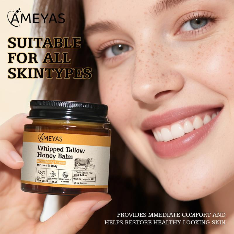 Ameyas Organic Handcrafted Tallow & Honey Balm for Skin - 100% Grass Fed Beef Tallow with Shea Butter - 3 Oz Whipped Moisturizer for Sensitive Skin - Natural Ingredients & Versatile Use