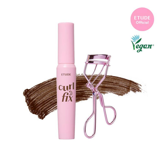 ETUDE Curl Fix Mascara & Curler Set #02 BROWN I Volumizing, Lengthening, Waterproof Lash Mascara for Dramatic Curl, Smudge-Resistant, Lightweight, Vegan Formula, 0.25 Fl Oz