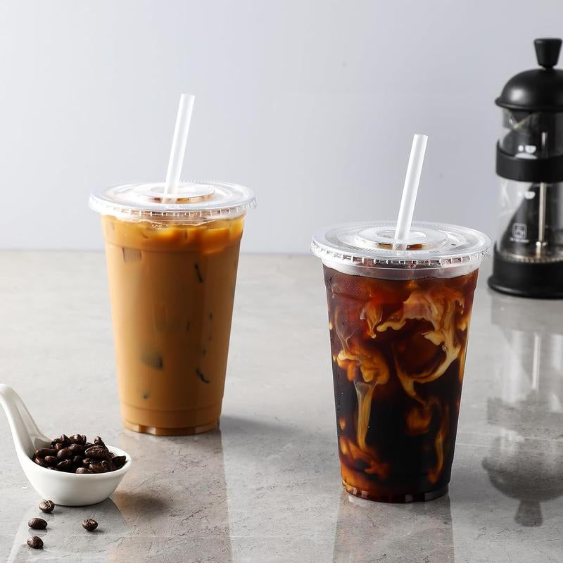 [100 Sets] 16 Oz Clear Plastic Cups with Lids and Straws, Disposable Cups with Lids for Iced Coffee, Smoothie, Milkshake and Cold Drinks