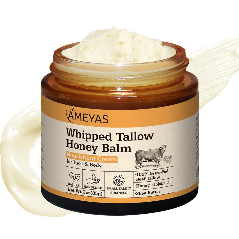 Ameyas Organic Handcrafted Tallow & Honey Balm for Skin - 100% Grass Fed Beef Tallow with Shea Butter - 3 Oz Whipped Moisturizer for Sensitive Skin - Natural Ingredients & Versatile Use