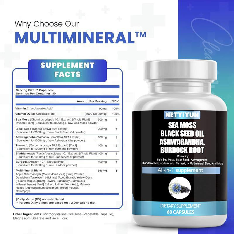 Ashwagandha & Vitamin D Capsules,Multimineral Sea Moss Black Seed Oil Supplement,Vegan, Plant Based, Non-Gmo, Gluten-Free & Gelatin Free.60 CAPSULES.