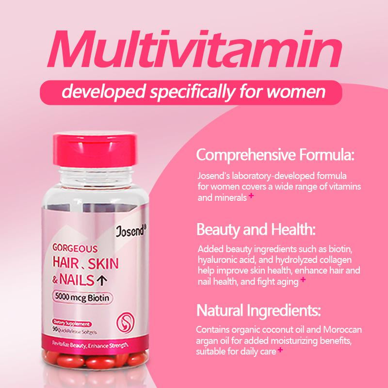 JOSEND Biotin Capsules for Women | Clinically Proven — Thicker Hair & Reduce Wrinkles & Fine Lines | with Vitamins A, C, D3, E & B Complex | 90 Ct