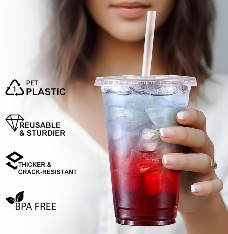 [100 Sets] 16 Oz Clear Plastic Cups with Lids and Straws, Disposable Cups with Lids for Iced Coffee, Smoothie, Milkshake and Cold Drinks