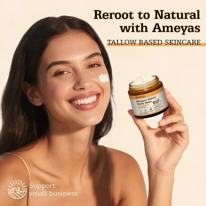 Ameyas Organic Handcrafted Tallow & Honey Balm for Skin - 100% Grass Fed Beef Tallow with Shea Butter - 3 Oz Whipped Moisturizer for Sensitive Skin - Natural Ingredients & Versatile Use