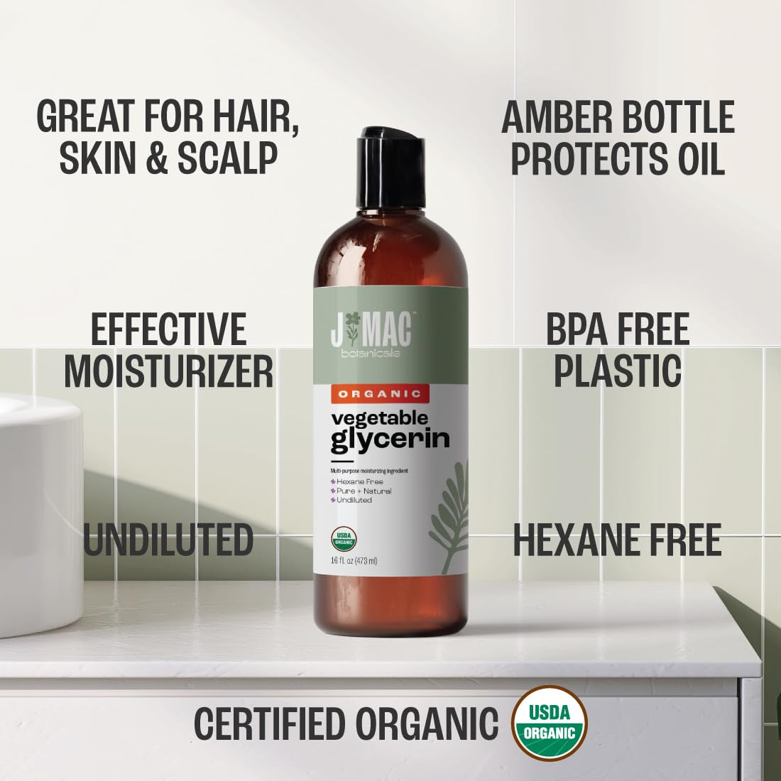 , Organic Vegetable Glycerin Oil (16Oz Bottle) Moisturizing and Softening, 100% Pure Natural Liquid Organic Glycerine for Crafts, Skin, Face, Hair